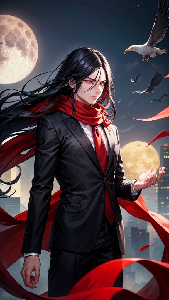 Young man, attractive, long black hair. Sharp and bright red eyes, profiled nose. serious. Guspo. wears black suit, white shirt and loose red scarf around the neck, standing on the roof of a gray building, in the background the night and a waning yellow moon and a flock of black crows flying around 