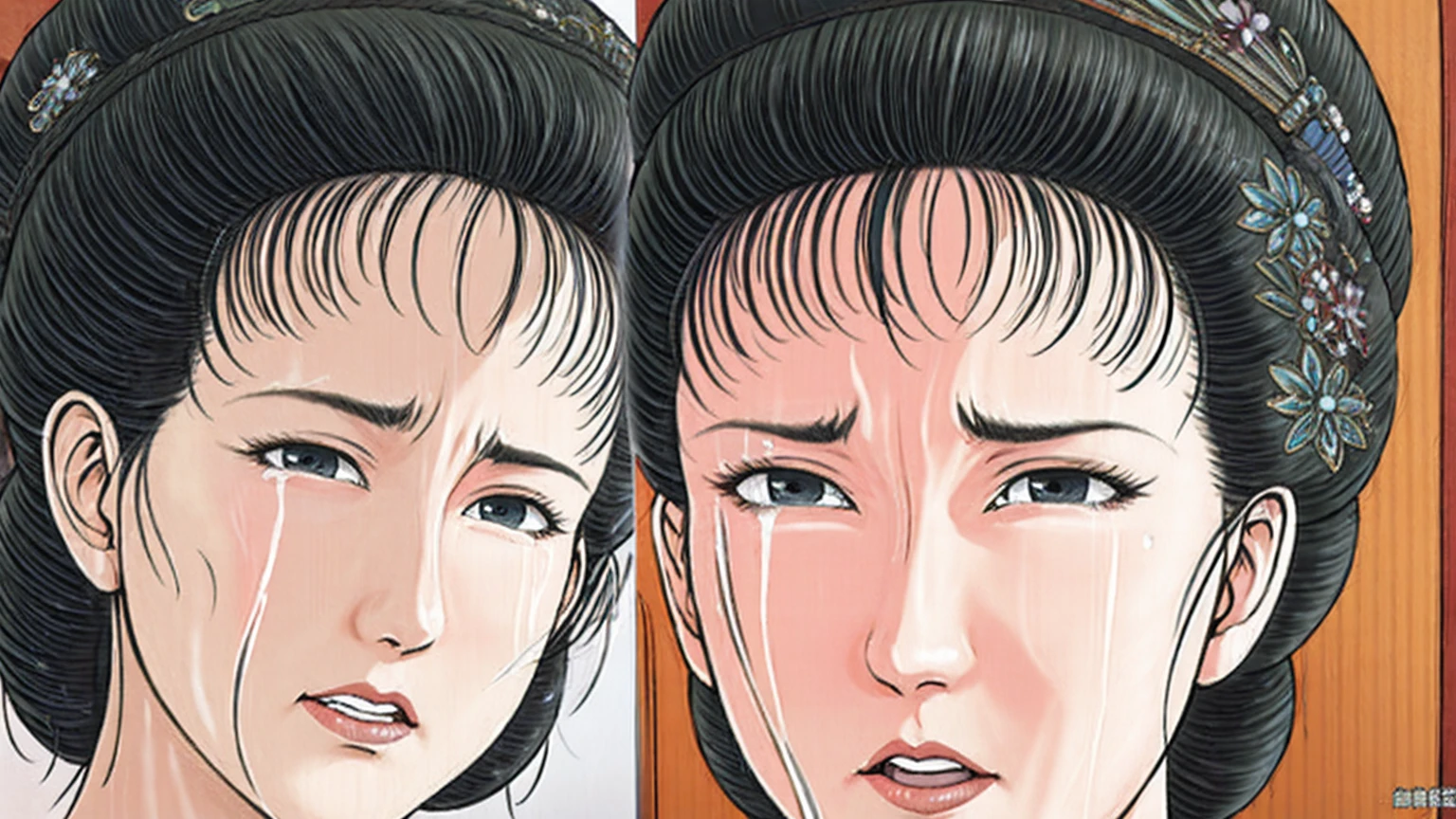 (best quality), (very aesthetic), (ultra-detailed), (best illustration),(a mature female),(perfect face),Suikoden,Mrs. Lin,(((NSFW))),((full_body)),((full_Nude)),(crying),red cheek,sweating,skinny,flushed skin,(Woman with pubic hair),(Crying on the bed with her face buried in the pillow),traditional Chinese bedroom,front view