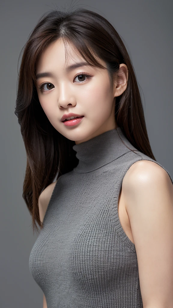 Normal chest,(between legs),cute,(Detailed face),Grey sleeveless turtleneck dress,4K,Ultra-high resolution,(Photorealistic:1.7),Black long hair,Gray background,