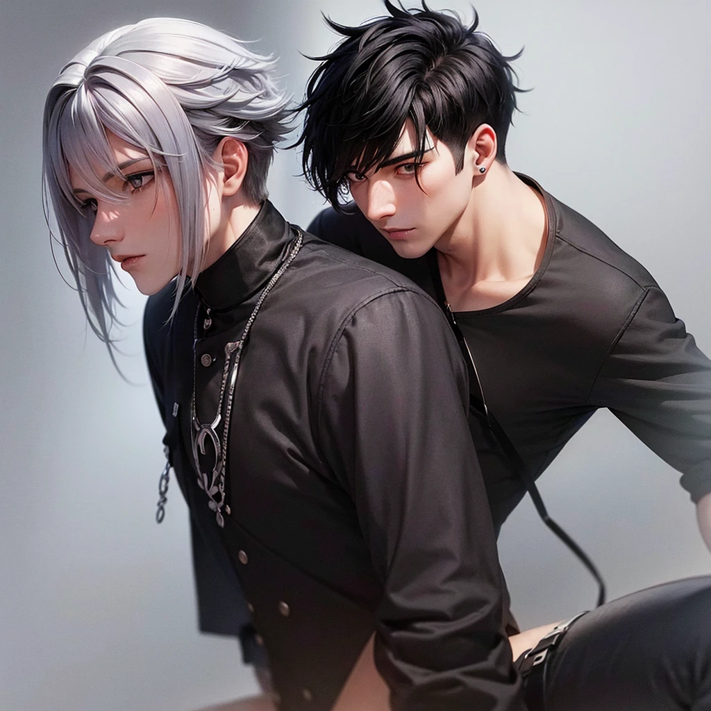 Male, 20 years old, black colored wolfcut hair with silver mullet, face from the side