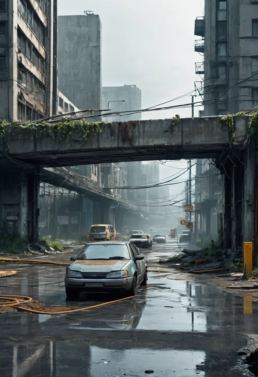 Image of the center of a modern ultra futuristic abandoned city with rusty and dirty abandoned crashed rusty cars standing on a dirty modern round and circular gray concrete overpass in ruins, cyberpunk style, gray environment, image with shades of gray, rain and puddles of water on the ground, Science fiction, top view from a height of 30 meters, apocalipse nuclear, urban scenery with poles with traffic lights and wires of fallen poles,  there is a rusty chain link fence around the buildings, There are billboards that have been erased and fallen from buildings, many buildings on the horizon, there is a collapsed building, as realistic as possible, high qualiy, 4K, hyper detailled