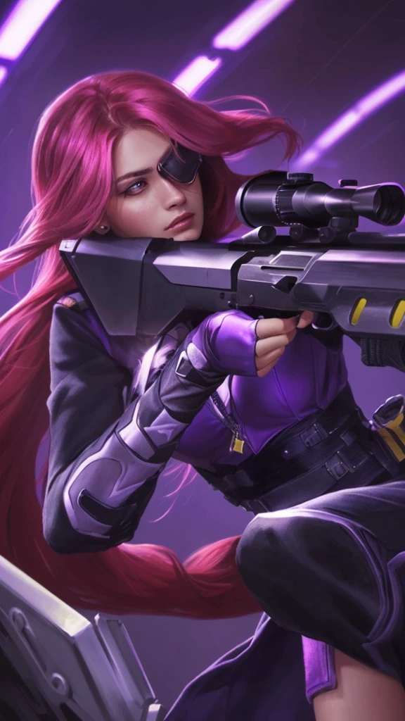 a realistic portrait of a woman holding a sniper rifle, violet battlefield theme,(best quality,4k,8k,highres,masterpiece:1.2),ultra-detailed,(realistic,photorealistic,photo-realistic:1.37),HDR,UHD,studio lighting,ultra-fine painting,sharp focus,physically-based rendering,extreme detail description,professional,vivid colors,bokeh,portrait,military,sniper,war,gun,violet,dramatic lighting,intense expression,determined,cinematic composition