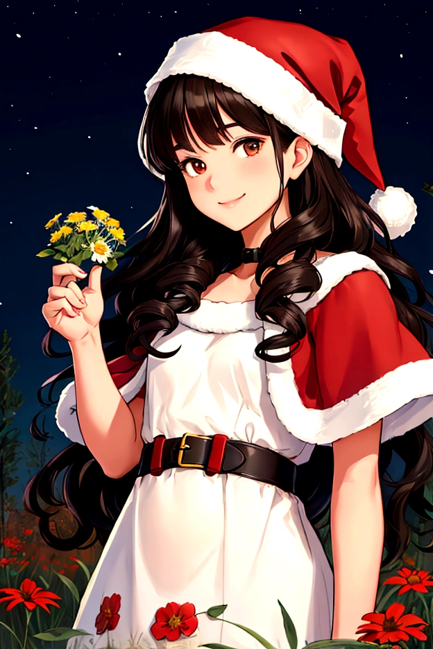 1 girl, delicate, sweet smile, whole body, black hair, long curly hair, Brown eyes, santa, blessed, blessed, field flowers