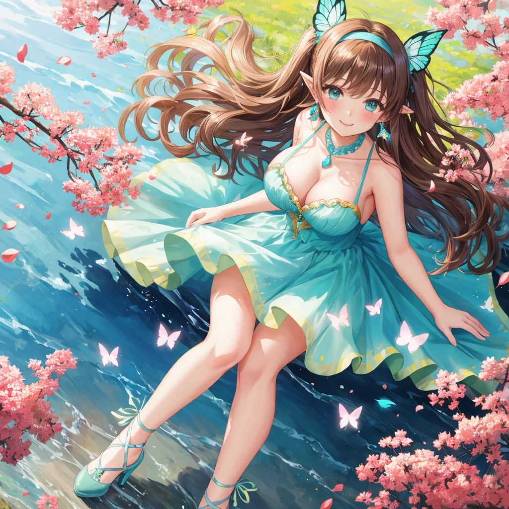 1 beautiful girl 20 years old, anime girl, walking in a field of flowers, blue sky with white clouds, artistic fairy costume green mini dress, low-cut and sleeveless dress, crystal high heels, defined hands and legs, full body, looks like a sexy model, a pair of translucent wings, butterflies around, big round breasts, glossy lips, cleavage, high heels, brown hair, hair over shoulder, wavy hair, asymmetrical bangs, hair one side up, expressive hair, hair behind ear, hairband, leaf hair ornament, aqua eyes, pupils sparkling, crystal earrings, pointy ears, smile, blush, fingersmile, seductive smile, naughty face, Color Field painting, high detail, anime, dithering, image fill, first-person view, wide shot, from above, perspective, Wide-Angle, f/1.8, 85mm, Canon, 8k, super detail, UHD, anatomically correct, masterpiece, high quality