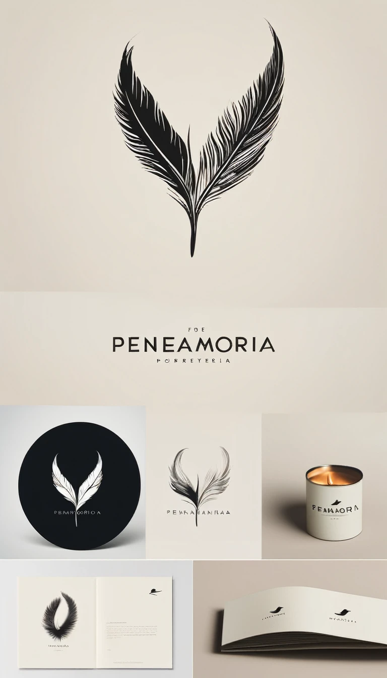 A minimal, modern, simple, cinematic logo design for the brand “Penamemoria". Create a modern, minimalistic, high-quality, logo of a bird feather