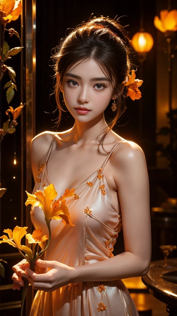 Full figure, seven -clinging shooting, 18 years old, wearing  firefly clothes, exquisite faces, details, hands, ultimate details, amazing magnificence, Pedaipan style, fiber hair, glowing orange iris, glowing orange flower,