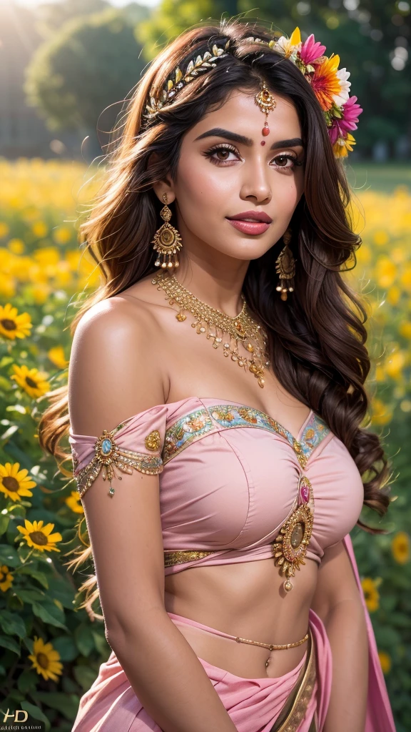 (((HD photo))), ultra high res.photorealistic:. 1.4, UHD, masterpiece, trending on artstation, portrait, 1girl, pretty, cute face, most beautiful in the world, soft, delicate, wavy blonde hair, large huge breasts, a vibrant Indian woman with olive skin and dark hair styled in loose waves. She has striking, almond-shaped eyes with bold eyebrows and intense,. Her lips are painted in a subtle, natural color, A carefree Indian woman with a contagious laugh lies amidst a field of brightly colored wildflowers. She wears a whimsical off-the-shoulder dress with floral patterns. The camera (50mm lens, unzoomed) captures her from a low angle, framing her against the vastness of the flower field. The sunlight creates a natural spotlight on her joyful expression