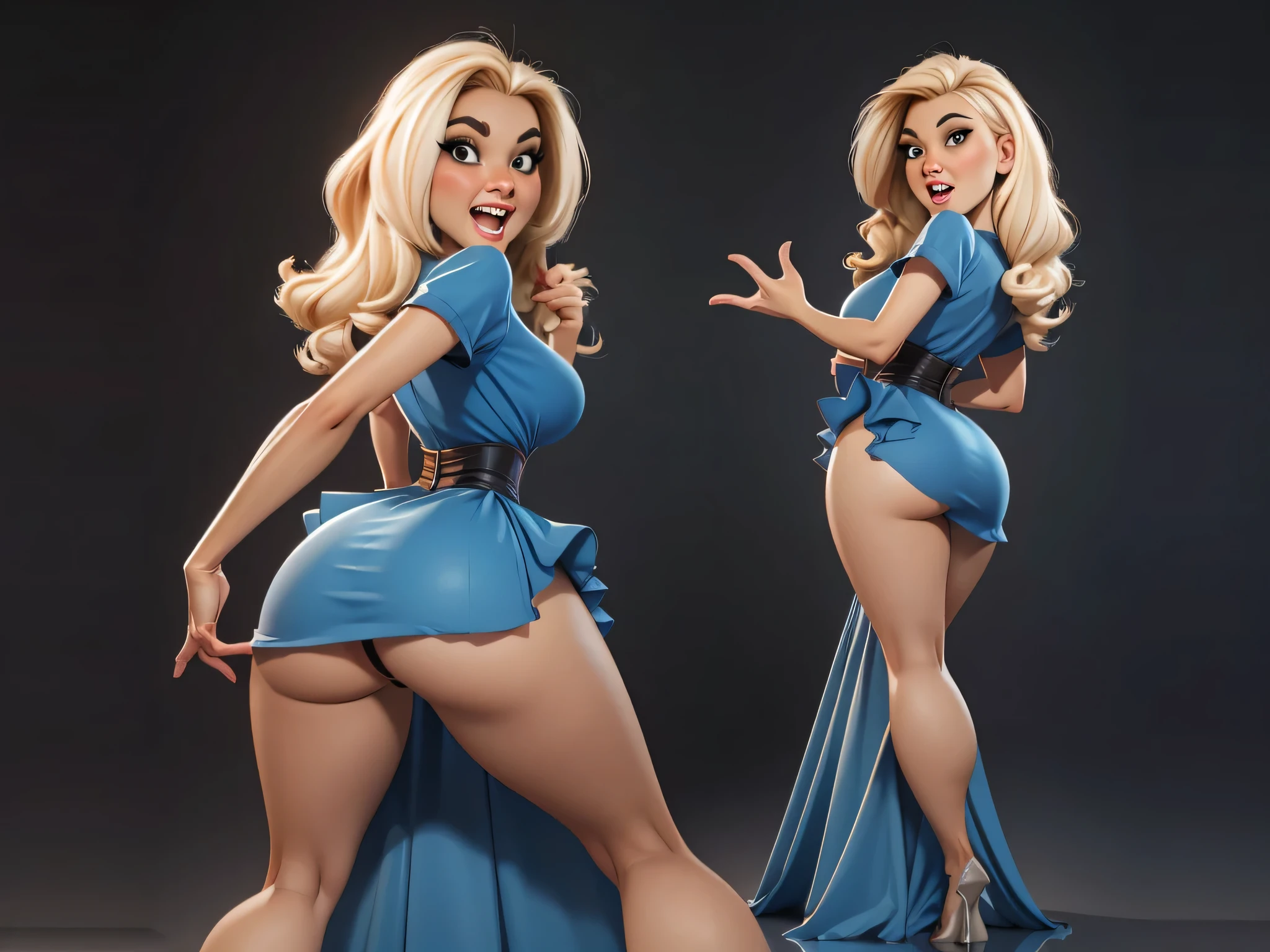 high detailed, masterpiece 1girl cartoon character in blue dress, long blonde hair, lewd expression, open mouth, tonge out, from behind, spreading her legs and bow down showing the viewer har vagina whis is ready to have sex, looking at viewer, perfect hands, big perky breasts, wide hips, thick thighs, ultra realistic digital art, a 3D render, photorealism, clean scene, black background, black wall