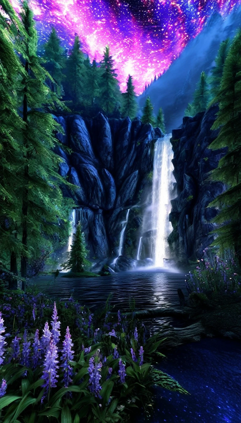 (masterpiece), (Highest quality), (High resolution),Dutch Angle,hyper, detailed_background, landscape, A quiet night in a fantasy world。The green forest spreads、The galaxy covers it。The lake is a deep blue、A river of lilac crystal flows into it.。The waterfall is illuminated by the starlight、Beautiful flowers swaying in the night breeze。In the distance you can see an ancient castle。