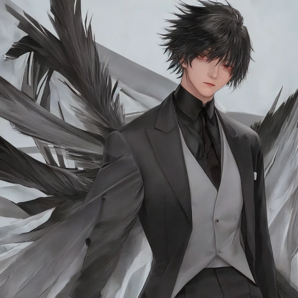 Male, 20 years old, black colored wolfcut hair with silver mullet, suit, mole below left eye, looking towards you.