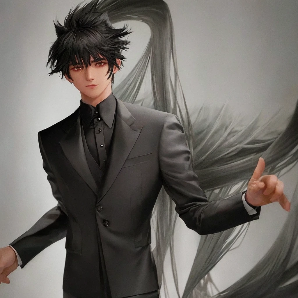 Male, 20 years old, black colored wolfcut hair with silver mullet, suit, mole below left eye, looking towards you.