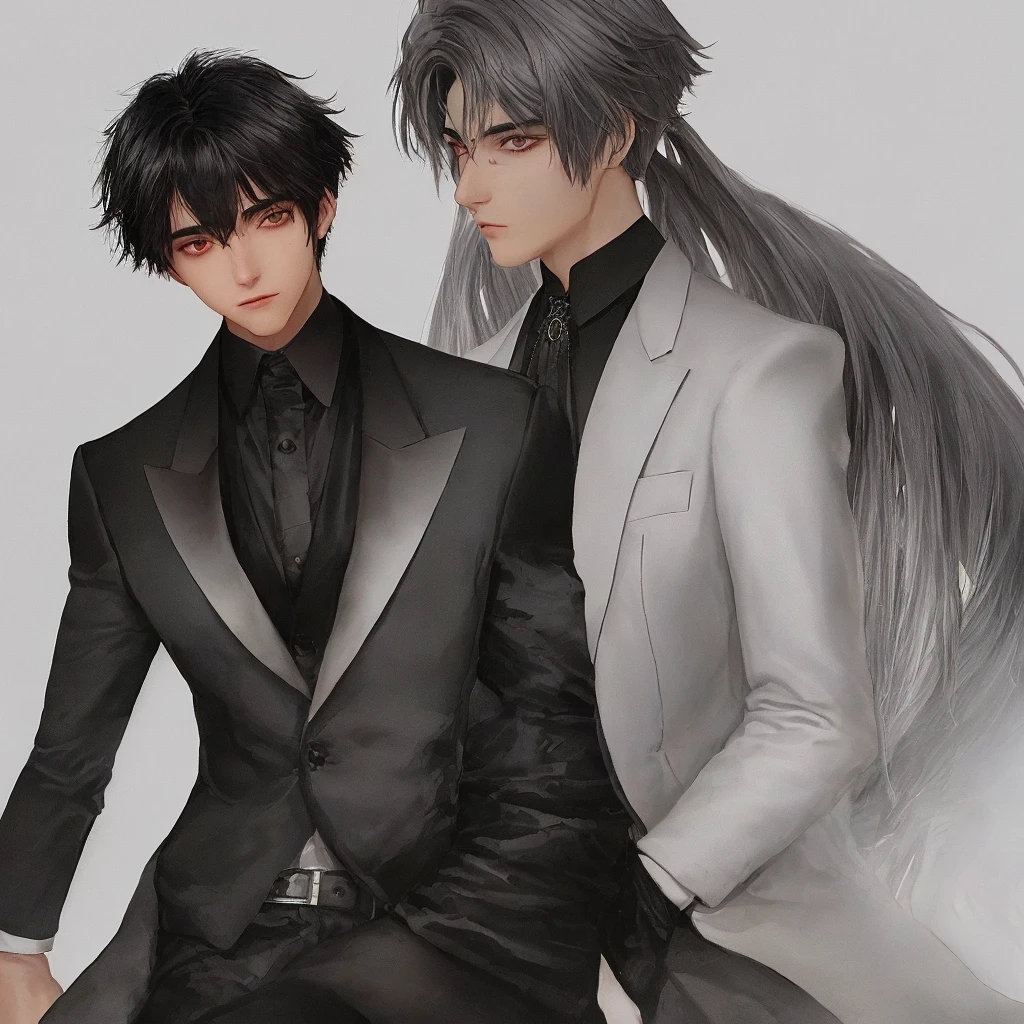 Male, 20 years old, black colored wolfcut hair with silver mullet, suit, mole below left eye, looking towards you.