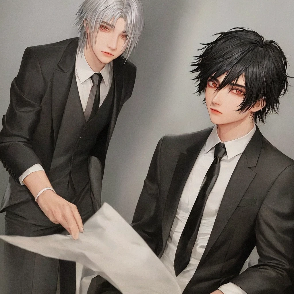Male, 20 years old, black colored wolfcut hair with silver mullet, suit, mole below left eye, looking towards you.