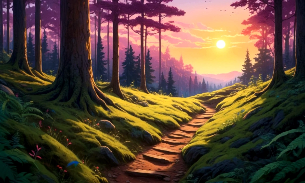 Draw her a trail in the forest at sunset, no characters present 