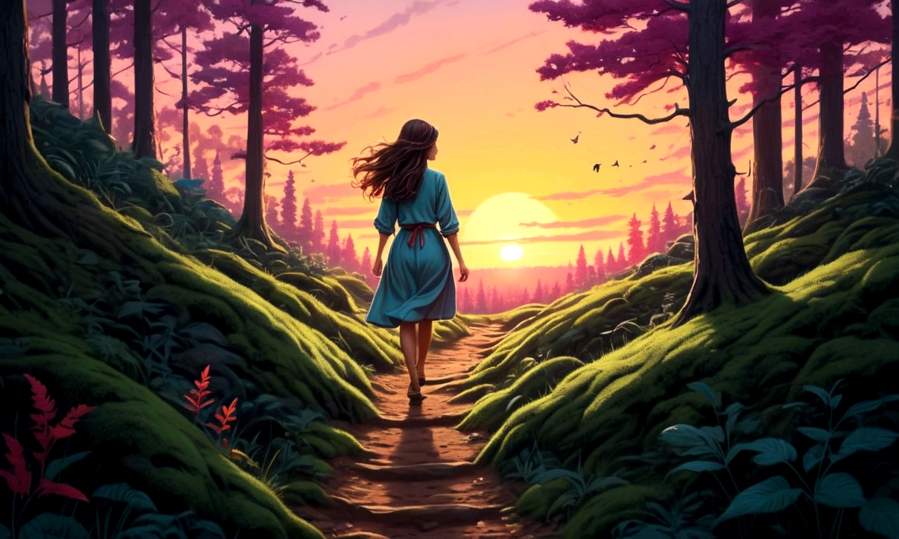 Draw her a trail in the forest at sunset, no characters present 