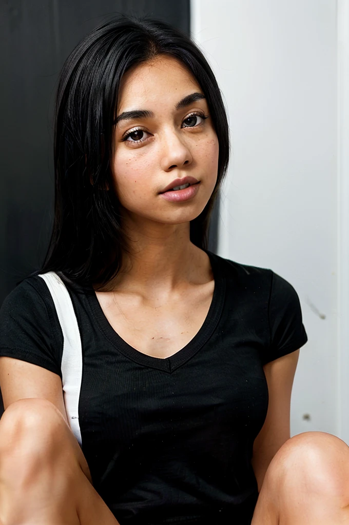 A pretty lightskin girl with black hair and a black shirt and a white short, background nature sun