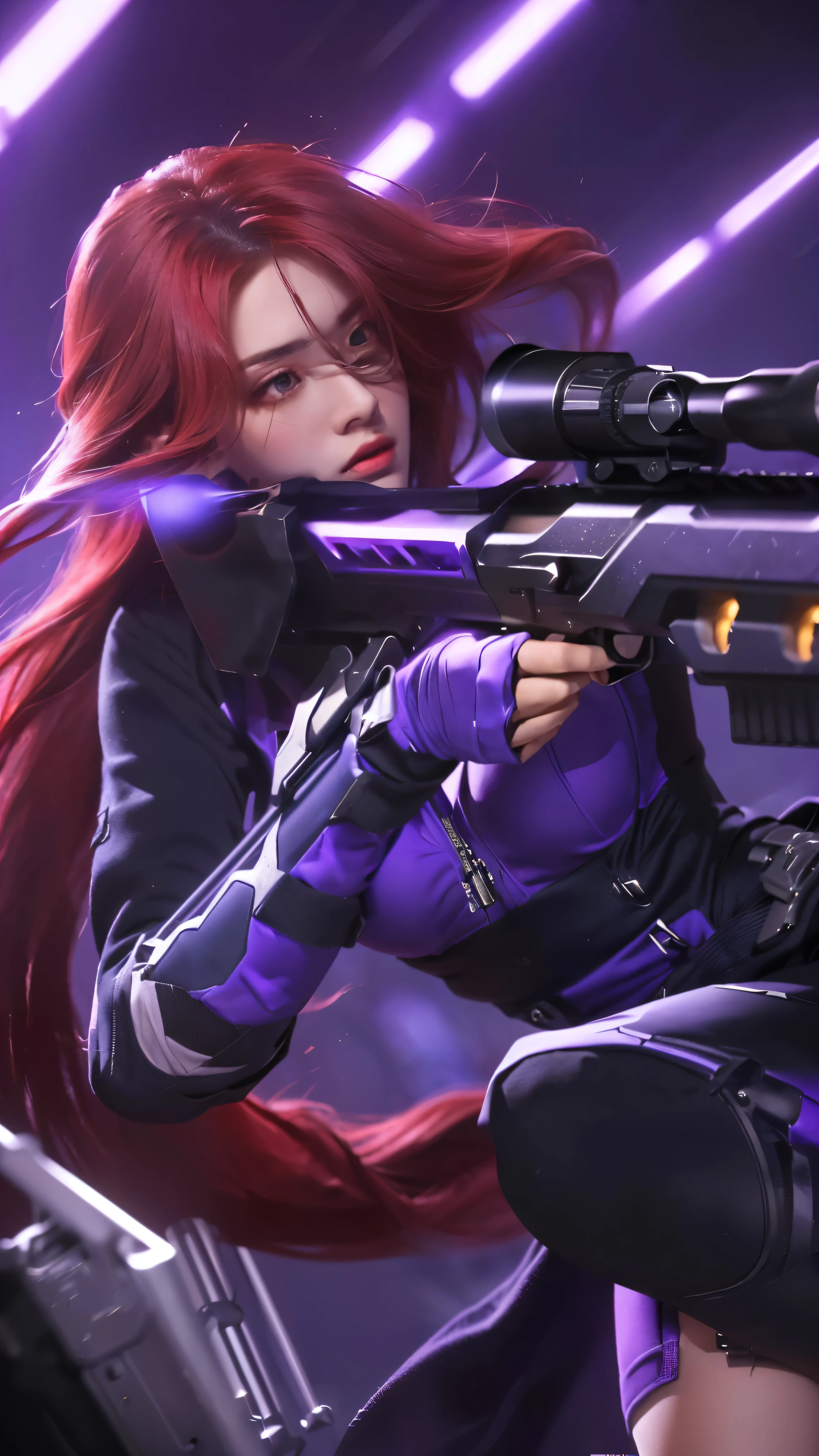 a realistic portrait of a woman holding a sniper rifle, violet battlefield theme,(best quality,4k,8k,highres,masterpiece:1.2),ultra-detailed,(realistic,photorealistic,photo-realistic:1.37),HDR,UHD,studio lighting,ultra-fine painting,sharp focus,physically-based rendering,extreme detail description,professional,vivid colors,bokeh,portrait,military,sniper,war,gun,violet,dramatic lighting,intense expression,determined,cinematic composition