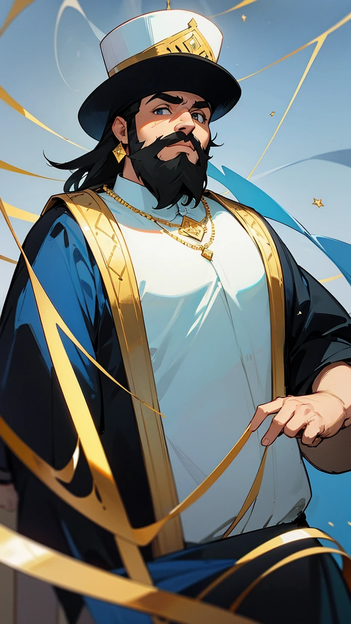 Draw an obese 40 year old Turk, black hair with a big beard a white hat with gold diamonds on it, He wears bright blue and white Muslim ruler's clothing as well as white boots.. Draw him walking through his garden with his peacocks