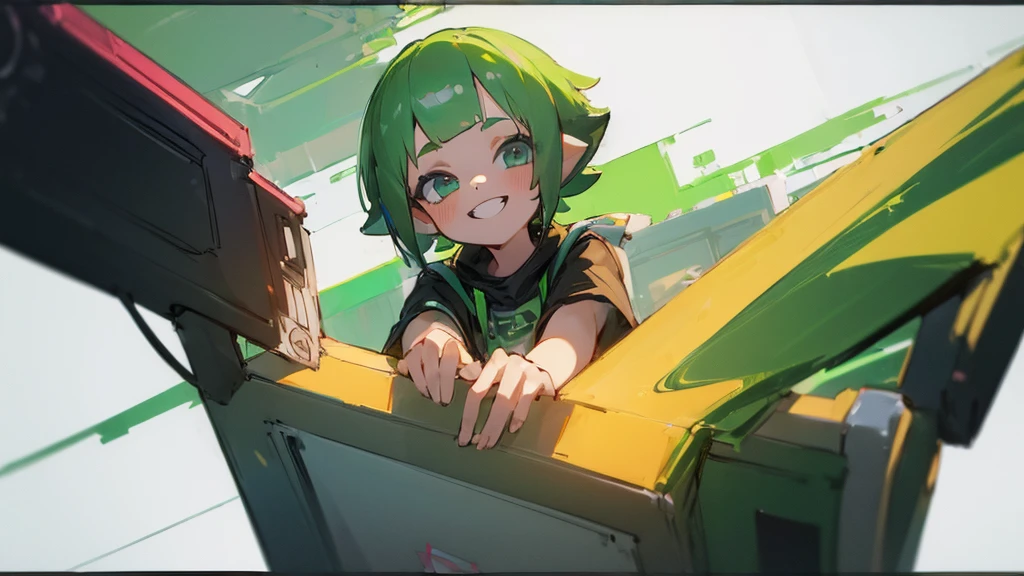 ((Highest quality, 8K, masterpiece: 1.3)), ((One girl:1.5)), Home,Play on a gaming monitor,Live broadcast in progress,Splatoon 3,A big smile,Green short hair