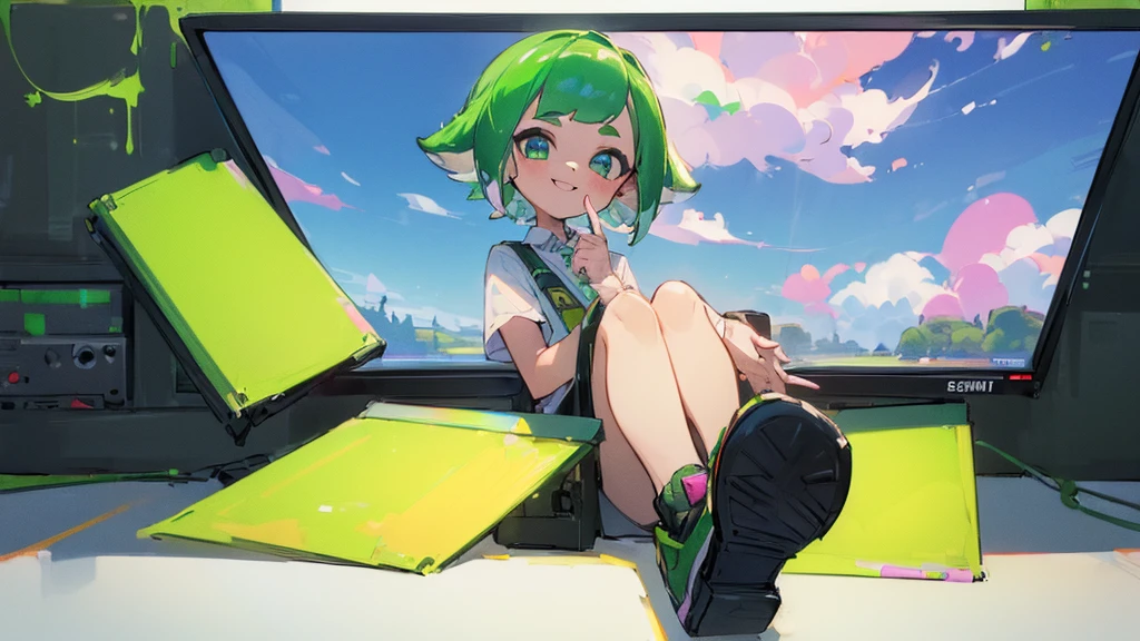 ((Highest quality, 8K, masterpiece: 1.3)), ((One girl:1.5)), Home,Play on a gaming monitor,Live broadcast in progress,Splatoon 3,A big smile,Green short hair