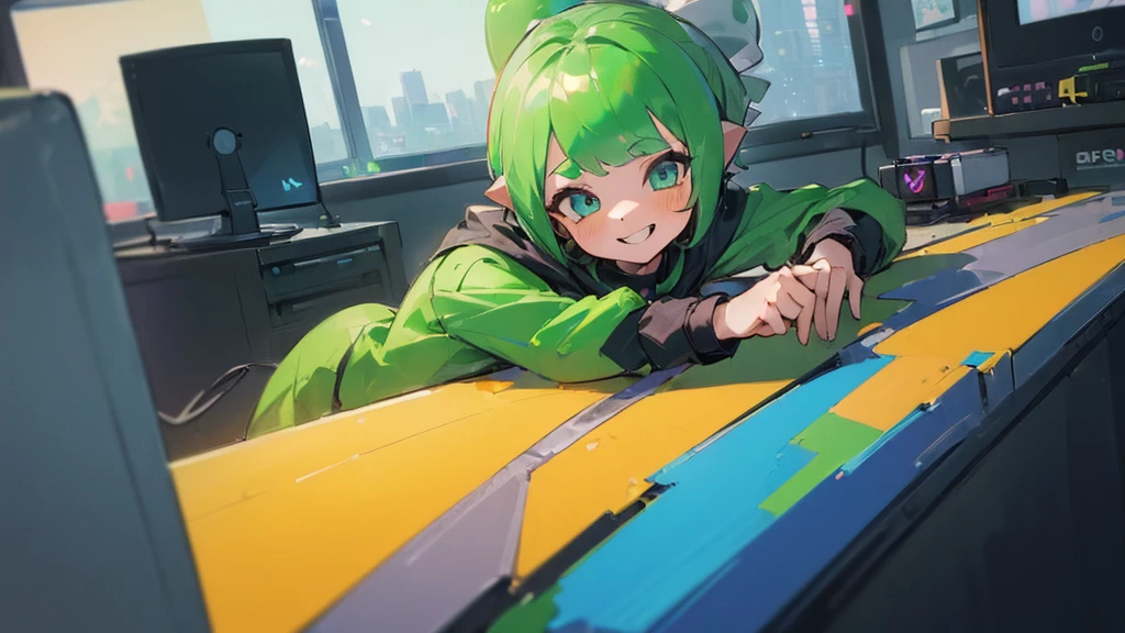 ((Highest quality, 8K, masterpiece: 1.3)), ((One girl:1.5)), Home,Play on a gaming monitor,Live broadcast in progress,Splatoon 3,A big smile,Green short hair
