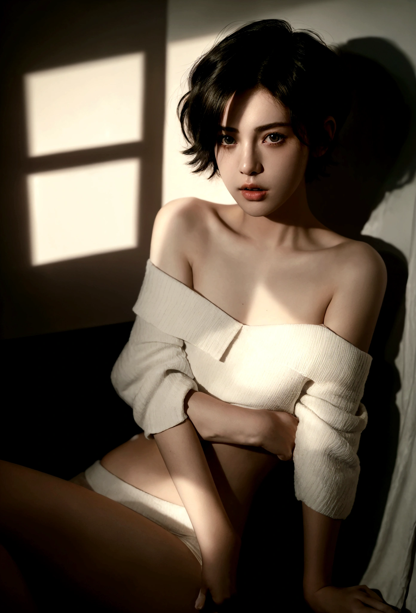 girl wearing off-the-shoulder underwear, short hair, sexy look, in dark environment, deep shadows, low key lighting, , (best quality, masterpiece, ultra-detailed, photorealistic:1.5, raw photo)