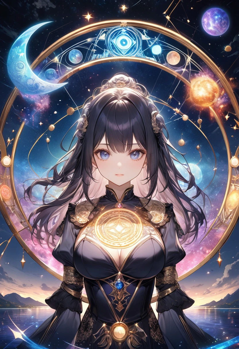 最Highest quality, Highest quality, 16K, Unbelievably absurd, Very detailed, 2.5D, delicate and dynamic, , formal, universe, Night Sky, Crescent Moon, constellation, Gorgeous nebula, meteor, lake, lake面に月が映る, Tarot Cards, Giant magic circle, A complex magic circle, Colorful magic circle, Small face, Very delicate facial expressions, Delicate eye depiction, Upper body close-up, erotic, One sexy woman, Healthy body shape, 25-year-old woman, Cool woman, Height: 170cm, huge bouncing busts, astrologer, Horoscope, Tarot Cards, Calm expression, A complex magician's outfit, Magician's outfit in chic colors, garter belt, Fishnet tights, Magician's Shoes, Fortune telling, Declare, Deal cards, Scatter the cards
