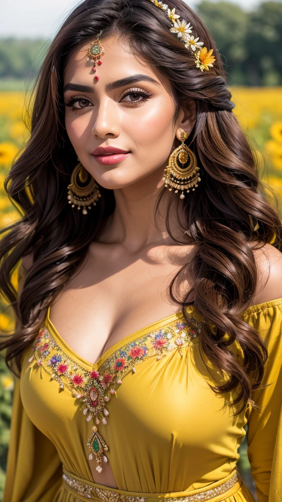 (((HD photo))), ultra high res.photorealistic:. 1.4, UHD, masterpiece, trending on artstation, portrait, 1girl, pretty, cute face, most beautiful in the world, soft, delicate, wavy blonde hair, large huge breasts, a vibrant Indian woman with olive skin and dark hair styled in loose waves. She has striking, almond-shaped eyes with bold eyebrows and intense,. Her lips are painted in a subtle, natural color, A carefree Pakistani woman with a contagious laugh lies amidst a field of brightly colored wildflowers. She wears a whimsical off-the-shoulder dress with floral patterns. The camera (50mm lens, unzoomed) captures her from a low angle, framing her against the vastness of the flower field. The sunlight creates a natural spotlight on her joyful expression