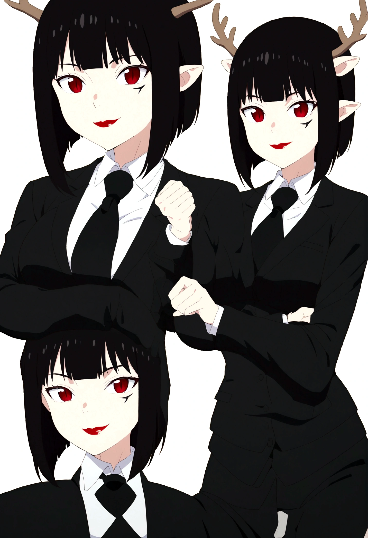 Beautiful girl, shorth hair, wearing a formal suit, necktie, large breasted, sensuous, lipstick, smilling face, gorgeous eyes, Bblack hair, Clean and combed hair, rot (x) Behind her, Combat posture,x, antlers, whole body,Draw your hands better