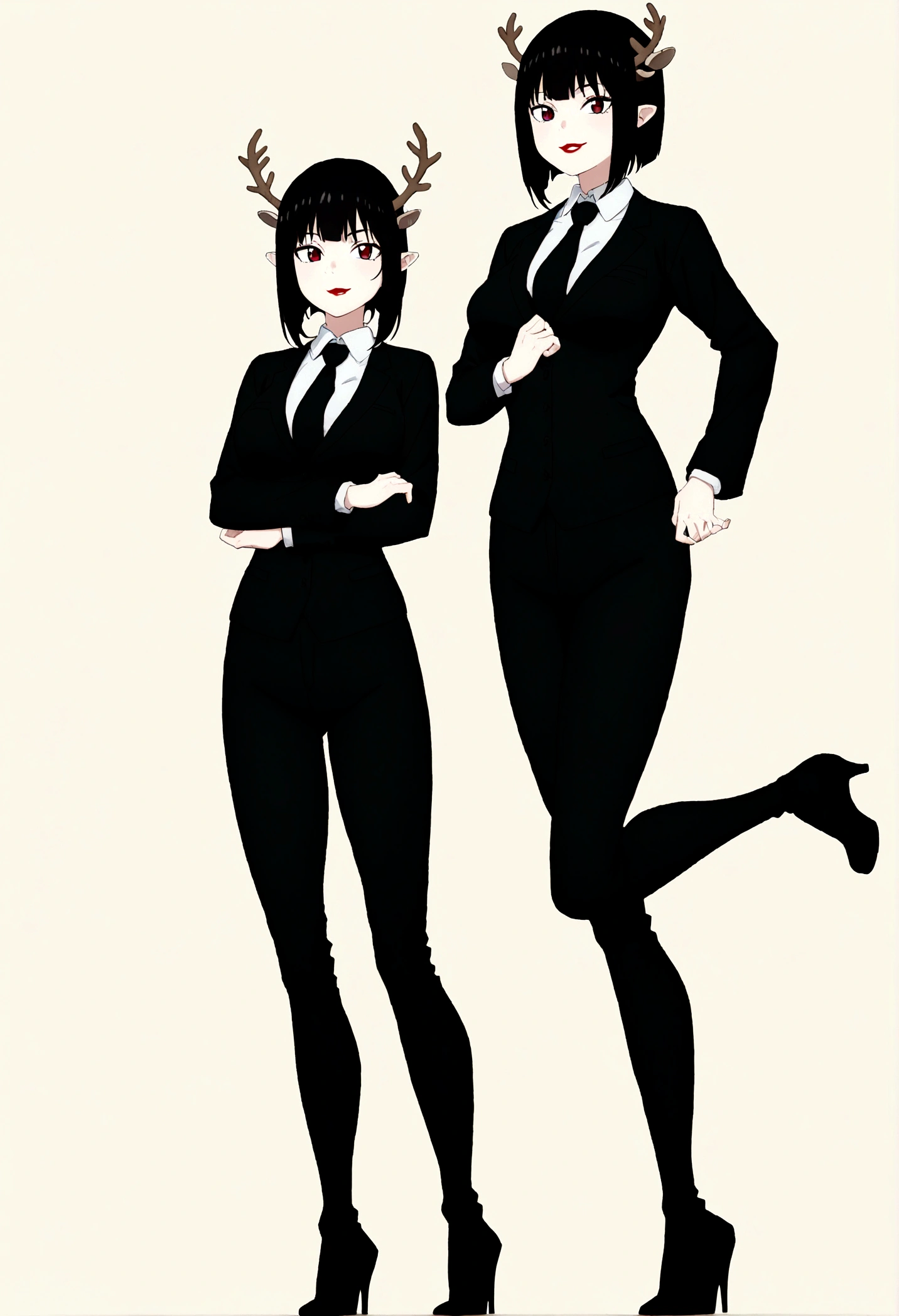 Beautiful girl, shorth hair, wearing a formal suit, necktie, large breasted, sensuous, lipstick, smilling face, gorgeous eyes, Bblack hair, Clean and combed hair, rot (x) Behind her, Combat posture,x, antlers, whole body,Draw your hands better