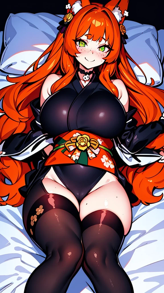 a beautiful and stunning woman with long, wavy orange hair and green eyes, twin volumous ponytails, wearing a black kimono with a red floral print , orange fox ears, lying on the bed with a shy smile, red cheeks and light freckle marks only on her face, defined silhouette, huge breasts, thick thighs, earrings of skulls, dark environment, dark colors, pastel tone, cold palette, sharpness, attention to detail, richness of details, cute aesthetics, cherry blossoms decorating the hair