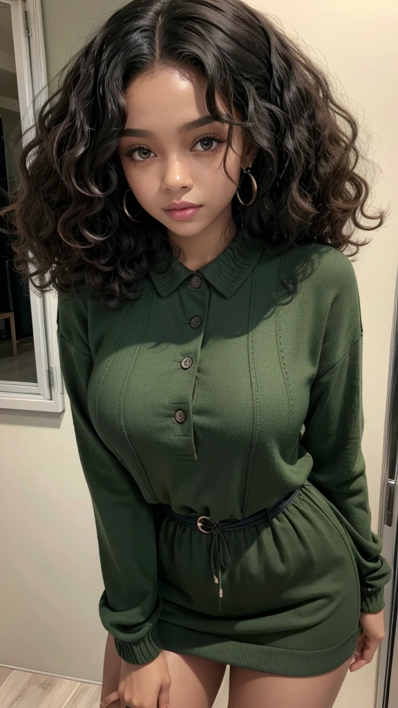 black female, with curly hair and green eyes in chic clothes