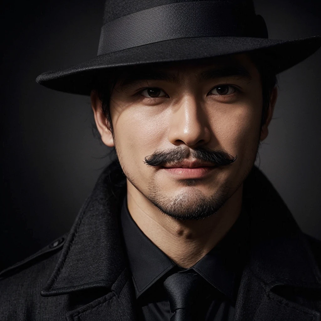 Professional photorealistic depiction of a black backgrond,a korean man slightly beard and moustache,dressed like detective completely in black ,his clothes blend completely in the background.half of his face (45 degrees from above to bottom) is visible and one strand of his slightly chubby face,the rest in covered by the big hat detective, it blends into the background,the expression of a small smile,satisfaction from solving the case.4K,ULTRA HD,PHOTOGRAPHY