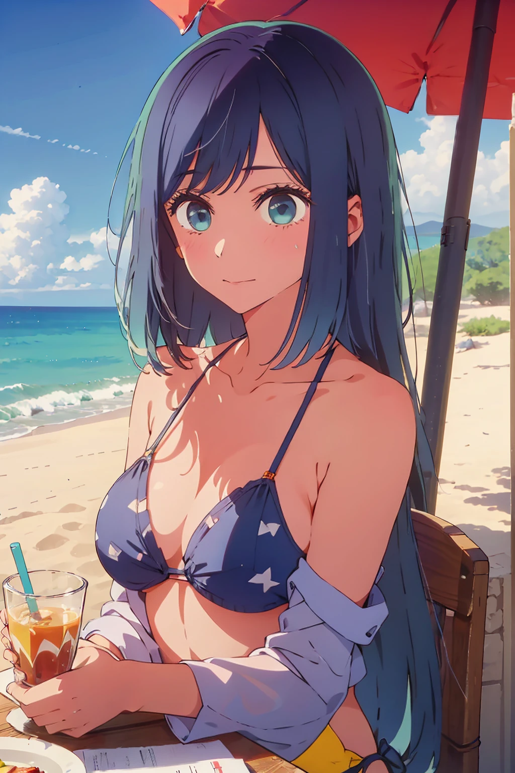 (Highest quality:1.4、masterpiece:1.4、Super detailed:1.4、8K:1.4)、((((1 person、Surprised expression、sit、Outdoor café terrace、coastal、juice、table、Sandy Beach、juiceのグラスを持つ、Plain Bikini、The depth of the written world、Very soft boobs、Big eyes、Very cute face))))、F cup bust、Medium breast