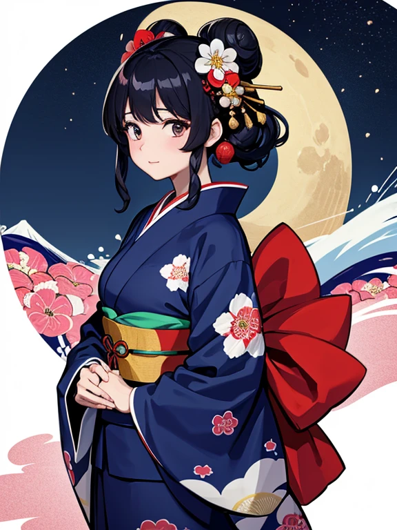 (Highest quality、masterpiece、High resolution、8K)、Ukiyo-e、Vibrant colors、Katsushika Hokusai、1 female、Black hair Japanese topknot、The kimono has a vivid floral pattern on a white background.、Official Art、背景はUkiyo-e風、White waves and Mt. Fuji、Flowers and Moon、White waves and the moon