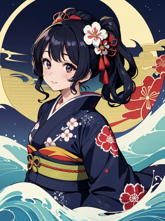 (Highest quality、masterpiece、High resolution、8K)、Ukiyo-e、Vibrant colors、Katsushika Hokusai、1 female、Black hair Japanese topknot、The kimono has a vivid floral pattern on a white background.、Official Art、背景はUkiyo-e風、White waves and Mt. Fuji、Flowers and Moon、White waves and the moon