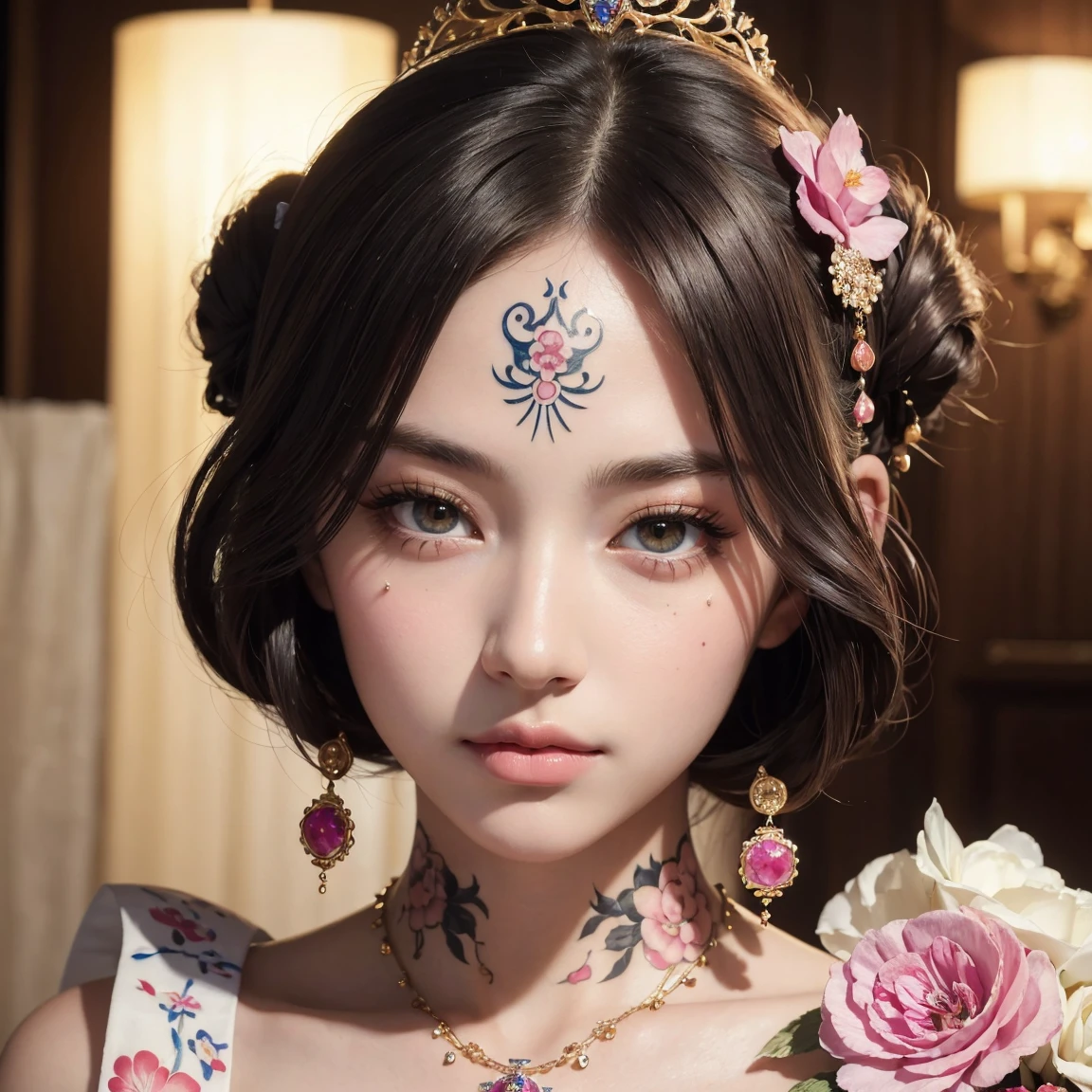 NSFW, (masterpiece, best quality:1.5), ultra detailed, high resolution, 16k, the most beautiful face in the world, perfect face, delicate facial features, highly detailed beautiful face and eyes, shiny skin, highly detailed background, elaborately designed, fine cloth texture, perfect anatomy, BREAK, (gorgeous and stunning teenage princess in gorgeous and luxurious princess dress:1.2), perfect make-up, eyeshadow, lash extensions, rouge, deeply in love, full of elegance, (face irezumi:1.4)