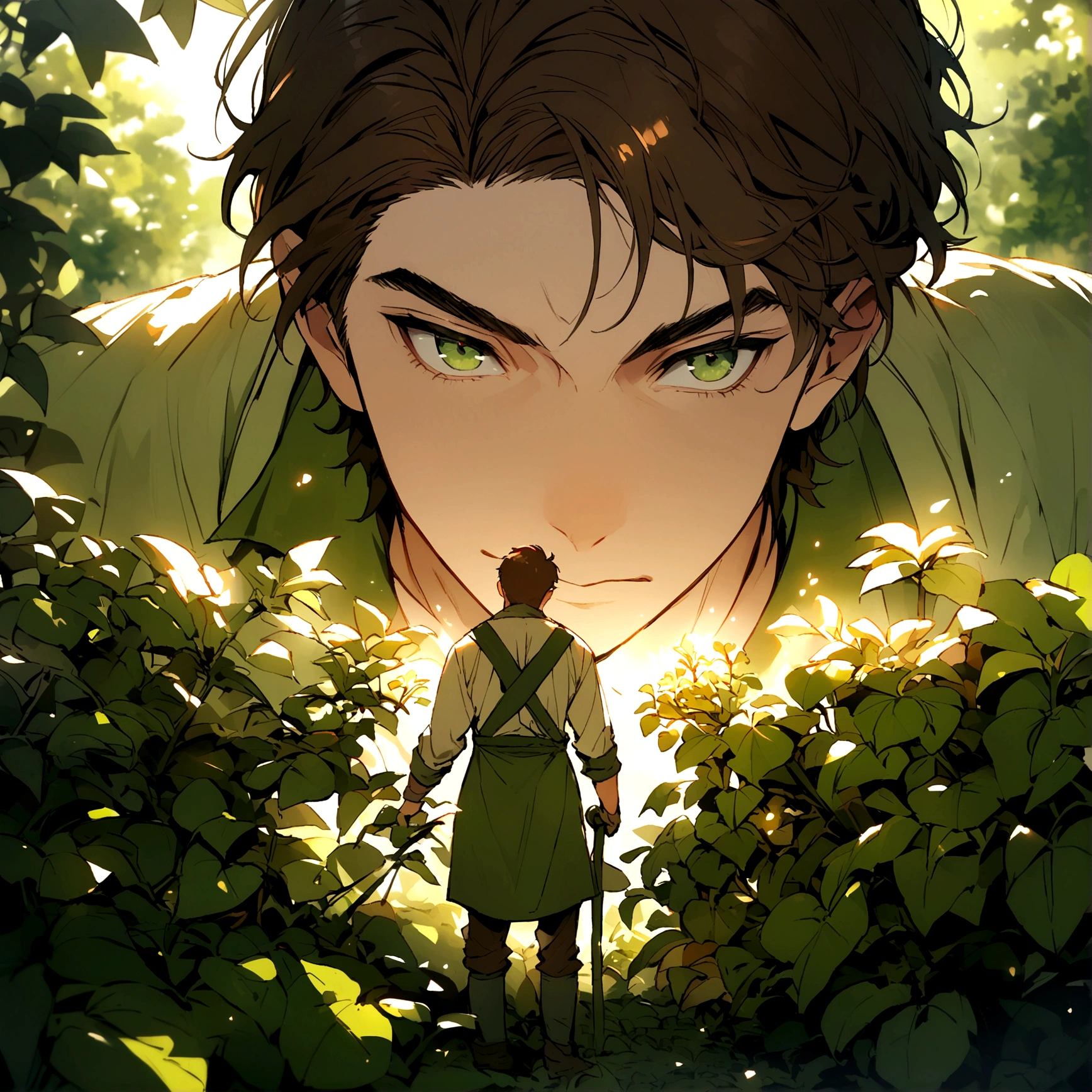 adult male gardener - brown hair - dark green eyes - in a garden