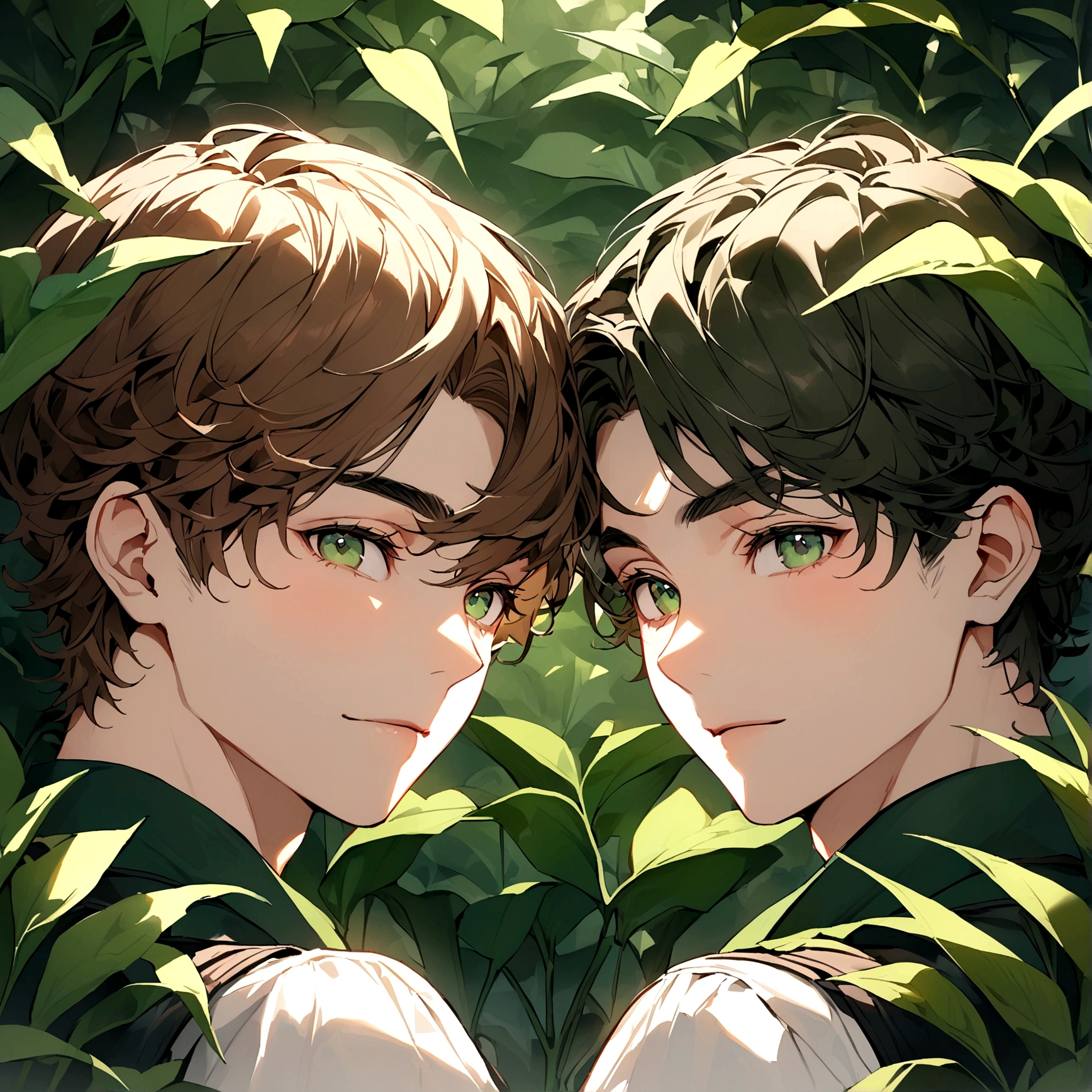 adult male gardener - brown hair - dark green eyes - in a garden