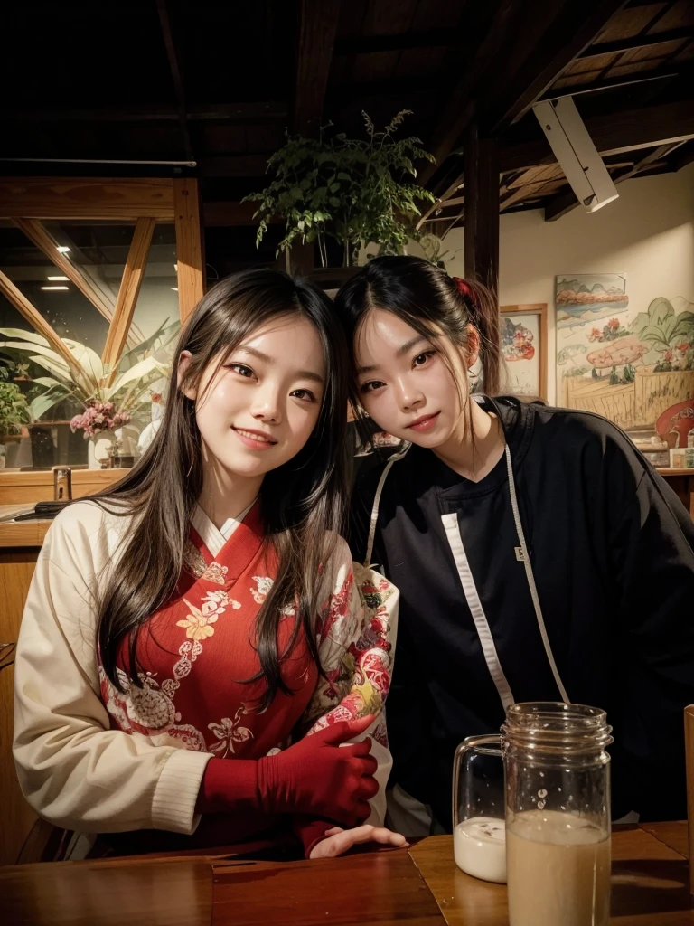 work of art, best qualityer,1 girl, standing alone, discomfort, red 弓, 弓, long hair, hair 弓, Ainu clothing, standing alone, hair elastic, Bblack hair, fingerless mitts, manga curta, mitts, range, bangss, red hair elastic, breastsout, eyes browns, White pants, Japanese clothing, work of art, drlight smile, (illustration: 1.5), running towards the spectator