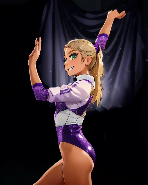1girl, solo, 20-year-old woman, dirty blonde hair, long hair, ponytail styled hair, green eyes, tan-olive skin, smiling, joyful feel, eyeshadow, mascara, posing in purple and white leotard, tight outfit, absolutely outstanding, glitter accents on figure