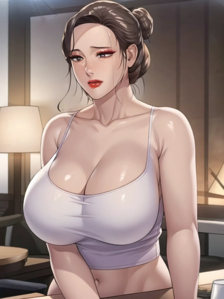 mrs_ahn, 1girl, mature female, milf, motherly, red lips, lipstick, single hair bun, wearing transparent tank top white, massive , big breast, sexy, cleavage exposure.