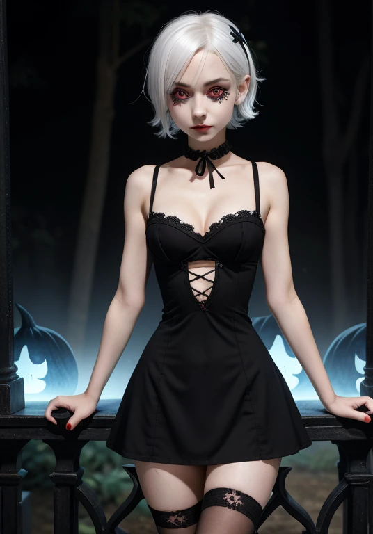 ,flat chested, flat stomach, tiny body, small stature, high quality image of an anime-style gothic girl, the girl has a very thin body, the girl has short legs, her face is sad, the girl has white skin, the girl has very small breasts, The girl is slightly blushing, the girl has little ears, the girl has white hair, the girl has short hair, the girl is posing sexy, the girl is wearing a black tight maid dress with pink ruffles, the girl's eyes are bright red, the girl has very marked black eyeliner, The background of the image is a night garden with luminous ghosts,