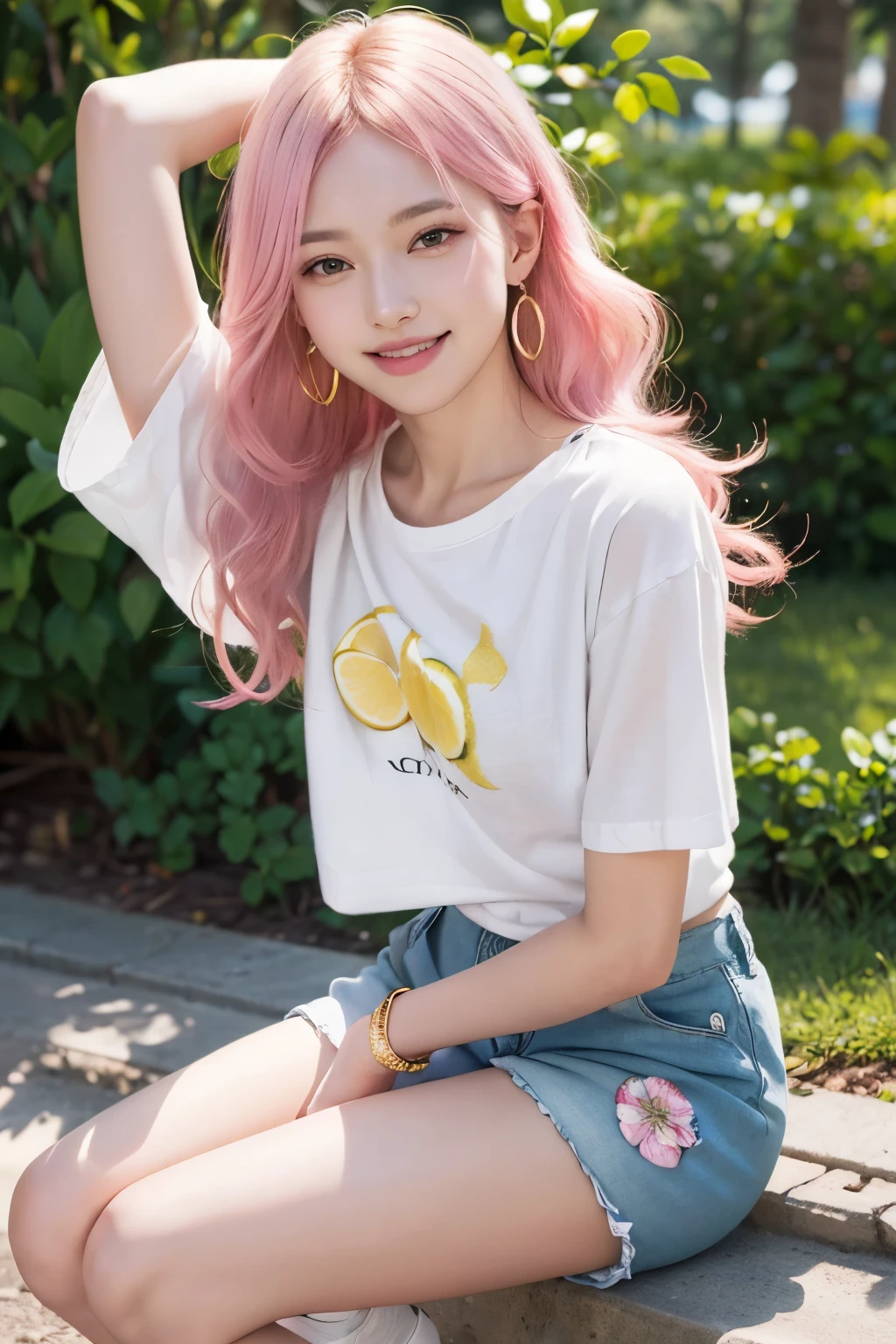(8K, top-quality, masterpiece:1.2), (reallistic, Photorealsitic:1.37), Super Detail, One girl,), (Highly detailed), (beautifully detailed eyes), (of the highest quality), (super detailed ), (masterpiece), (Detailed face),20yr old, ,1 girl, ((pink hair,long hair)), medium breasts, clothed, Perfect Lighting, BREAK (bright lemon yellow t-shirt:1.2), (small floral print:1.1), (striped linen shorts:1.2), (lightweight cotton fabric:1.1), (rolled-up sleeves:1.1), (cuffed hems:1.1), (white ankle socks:1.1), (white sneakers:1.1), (delicate floral earrings:1.1), (thin gold bracelet:1.1), BRAKE (upper body to thighs:1.1), (long pink hair:1.1), (waves:1.1), (smiling:1.1), (facing forward:1.1), (looking slightly away:1.1), (hands on head:1.1), (one foot forward:1.1), (summer park:1.1), (soft lighting:1.1), BRAKE