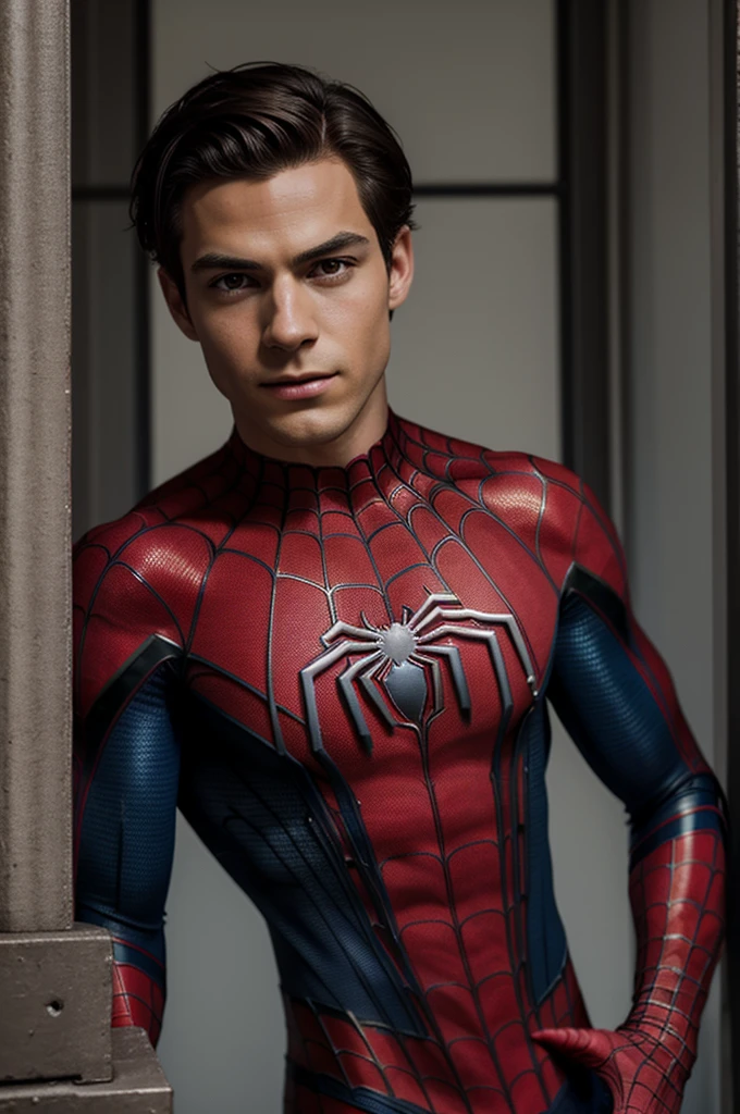 A photograph of Spider-Man., sin mascara, the 20s, elegant, detailed face, looking at the camera naked,portrait, 8k hd, high quality