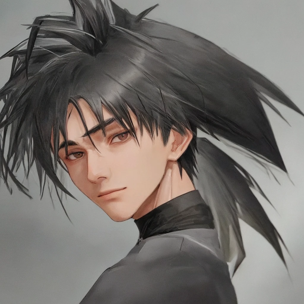 20 years old male, black colored wolfcut hair with silver mullet, face from the side, close up