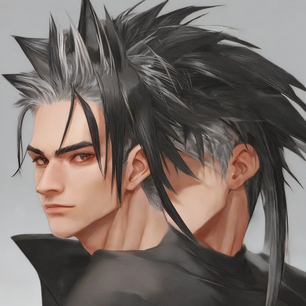 20 years old male, black colored wolfcut hair with silver mullet, face from the side, close up