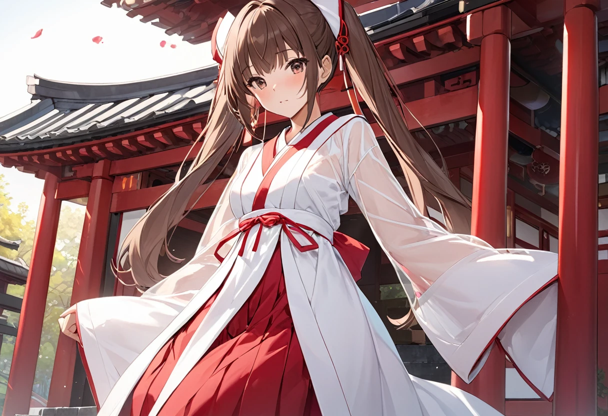 BREAK Perfect Anatomy、(High resolution:1.2)、Incredible illustrations、(Cute illustrations:1.2)、(nfsw)
(cinematic angle,solo focus,) (Beautiful background(Shrine grounds),
1girl(brown hair,twin tails, tanned skin: 1.3) 1girl((a girl,slender 1.7meters, 45kg, (Shrine maiden costume (white coat, scarlet hakama, tabi)(see through,,oversized clothes), lingerie), (netorare,intercourse with a man,)