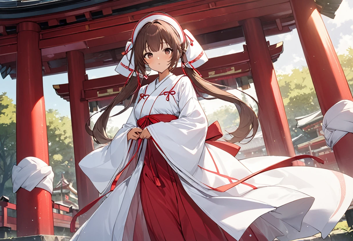 BREAK Perfect Anatomy、(High resolution:1.2)、Incredible illustrations、(Cute illustrations:1.2)、(nfsw)
(cinematic angle,solo focus,) （Beautiful background（Shrine grounds),
  1girl(brown hair,twin tails, tanned skin: 1.3) 1girl((a girl,slender 1.7meters, 45kg,   (Shrine maiden costume (white coat, scarlet hakama, tabi)(see through,,oversized clothes), lingerie), (netorare,intercourse with a man,)
