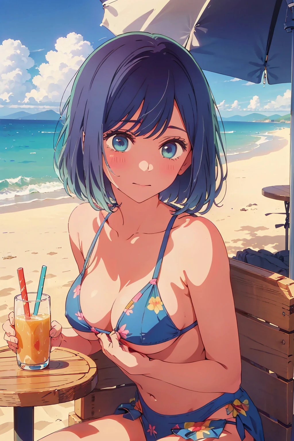 (Highest quality:1.4、masterpiece:1.uper detailed:1.4、8K:1.4)、((((1 person、Surprised expression、sit、Outdoor café terrace、coastal、juice、table、Sandy Beach、juiceのグラスを持つ、Plain Bikini、The depth of the written world、Very soft boog eyes、Very cute face))))、F cup bust、Medium breast、Uob、Sideboob